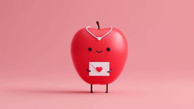 Cute apple character love letter on pink background, smiling kawaii fruit illustration