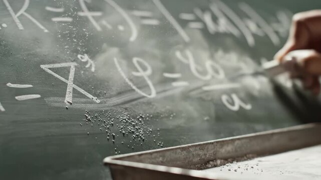 Hand writing math equations on chalkboard