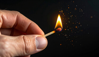 Hand holding matchstick with bright flame, sparks flying in dark background, high speed capture showing fire flickering, dramatic and intense atmosphere