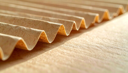 Macro photo of corrugated paper edge with compressed horizontal ridges, sharp clarity, warm light, and textured surface, creating abstract and detailed pattern