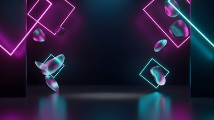 Vibrant neon lights and floating shapes in modern digital art