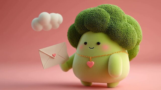 Cute broccoli character love letter pastel 3d render kawaii illustration pink background