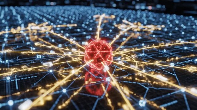 P306-Digital ledger node highlighted on blue data grid with connecting arcs representing fraud detection 4K 10s