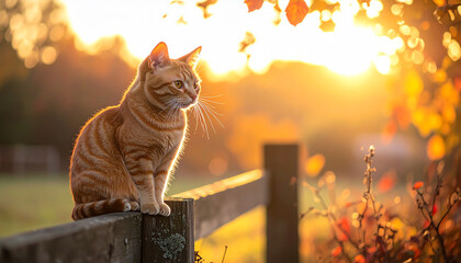 Ginger cat autumn wooden fence sunlit outdoor golden hour sitting nature sunlight peaceful ginger cat sits calmly sunlit wooden fence during autumn golden hour surrounded by warm sunlight