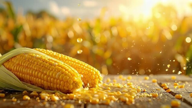 Fresh corn with splashes on a wooden table, illuminated by a warm, golden sunlight