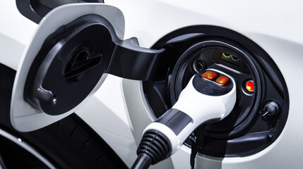 Electric car charging plug connected to vehicle port with eco technology and glowing indicators conveying sustainability and efficiency