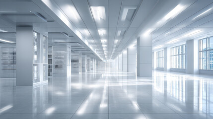 Empty office interior clean background bright modern open space with reflective floor and rows of columns evoking calm