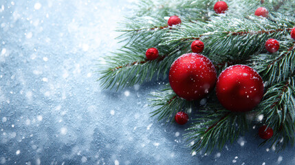 Red Christmas ornament pine branch snow winter holiday red ball festive decoration cozy celebration