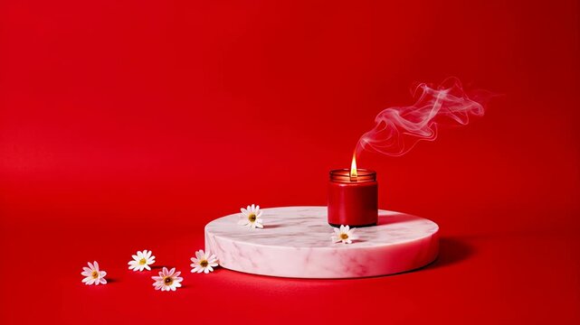 Red candle smoke on marble pedestal with daisy flower, burning flame and minimalist red background