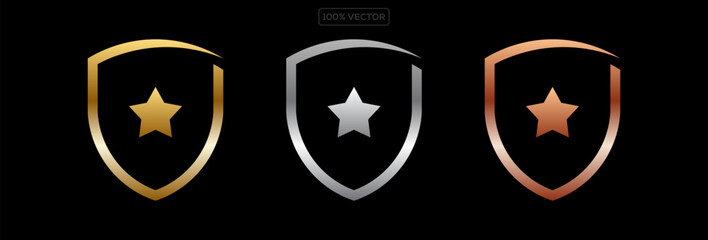 Shield Shape with Golden and Silver Gradient. Elegant Metallic Shield Badge Logo