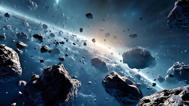 Celestial Drift: Asteroid Field Radiance in Deep Space