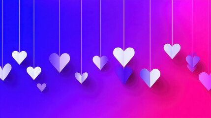 Paper heart decorations hanging on vibrant purple pink gradient background with soft shadows and romantic mood