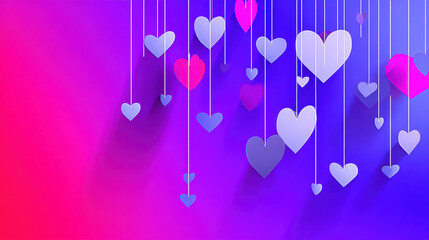 Colorful heart decorations hanging on gradient background expressing romantic festive mood