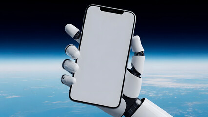 Robot Hand Holding Smartphone with White Mockup Screen Over Earth Background in Space.

