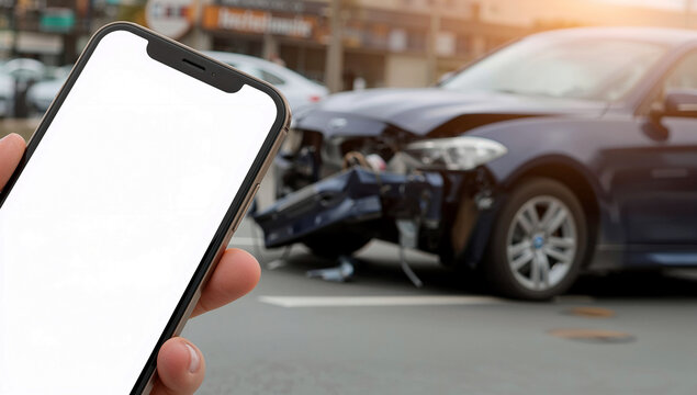 Mobile phone with white screen and car insurance in background