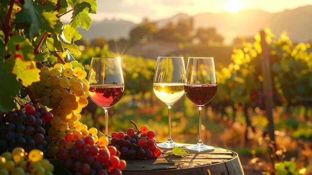 Three wine glasses filled with red and white wine sit among grapevines at sunset.