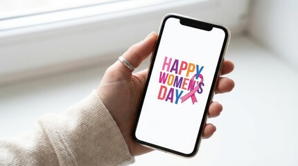 8 march womens day a hand holds a smartphone displaying a pink and red graphic design on its screen near a window