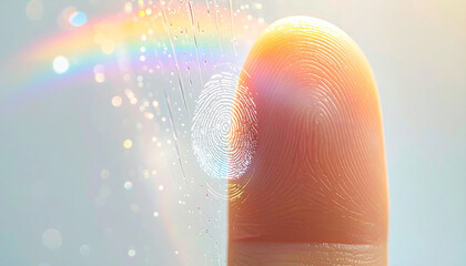 Fingerprint's Digital Identity: This image unveils the intersection of human touch and technology. A finger, with its unique fingerprint, merges with digital data and rainbow.