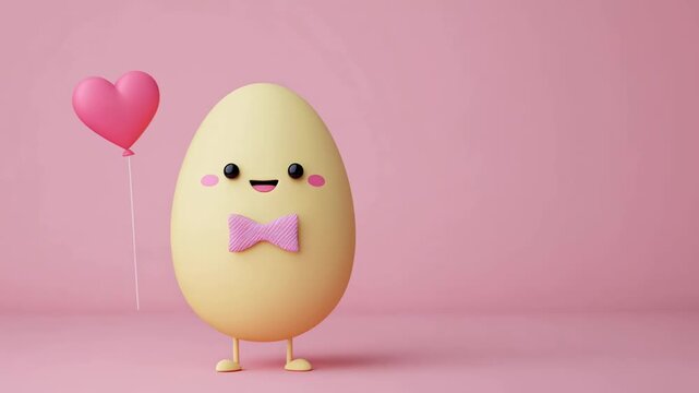 Cute egg cartoon yellow heart balloon pink background kawaii 3d render joyful pastel scene