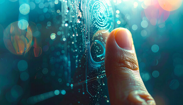 Fingerprint Recognition: A close-up view of a fingertip interacting with a biometric security system, represented by illuminated digital circuit patterns. - Powered by Adobe