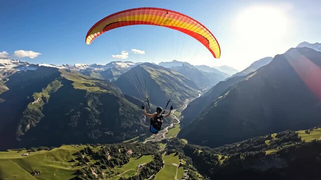 Paraglider Soaring Over Mountain Landscape.