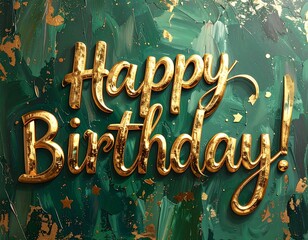 'Happy Birthday!' in gold text on an abstract background of textured green and gold paint