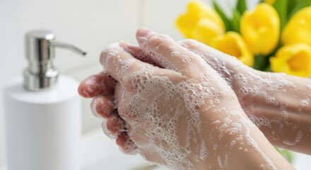 Close-up of a person washing their hands thoroughly with soap and water in a bathroom sink to promote hygiene
