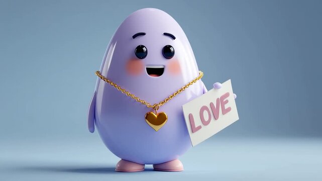 Cute egg character love heart necklace joyful greeting card kawaii pastel color 3d render