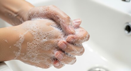 Fototapeta premium Close-up of hands being washed with soap and water, creating a lather of bubbles