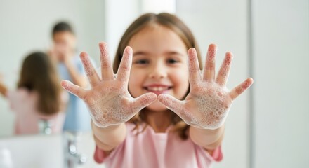 Happy young girl proudly showing her clean, soapy hands after washing them, with a blurred background of a parent and child in a bathroom