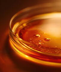 Close-up of golden oily facial serum with retinol in Petri dish