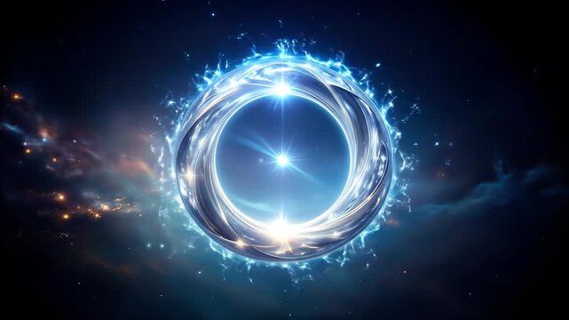 Abstract glowing circle with swirling lights against a blue background.