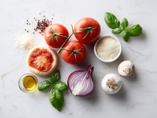 Tomato basil onion garlic mushroom olive oil grated cheese pizza dough peppercorn