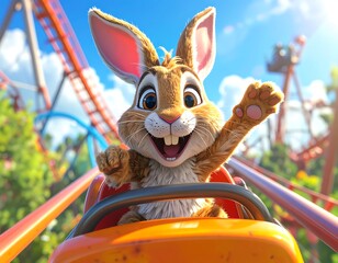 Happy cartoon rabbit riding a roller coaster with a sunny sky and track behind
