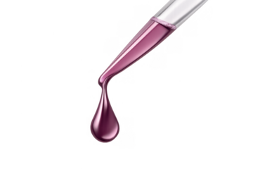 Dropper tip dripping purple liquid, flowing serum drop for skin care and cosmetic beauty products, transparent background