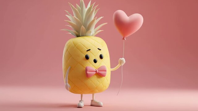 Cute pineapple character 3d illustration pink background heart balloon kawaii style render lovely