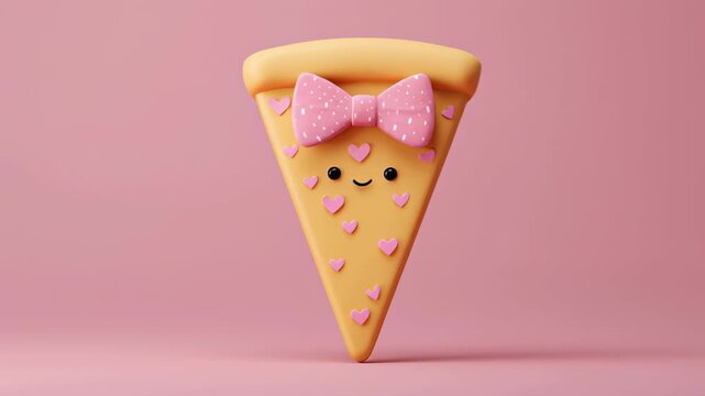 Cute pizza slice kawaii pink bow heart pattern cartoon 3d render pastel smiling pizza