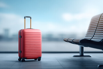 Red suitcase travel luggage in empty airport terminal with bench and bright window light, calm travel anticipation