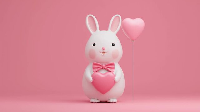 Cute rabbit pink heart 3d cartoon valentine background love concept adorable bunny holding balloon