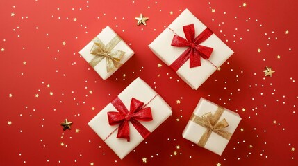 Fototapeta premium A beautifully wrapped gift in a white box with a vibrant red bow.