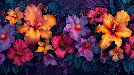 Exotic floral pattern with red yellow violet lilies roses orchids on purple background, abstract colorful composition, screen holographic printing