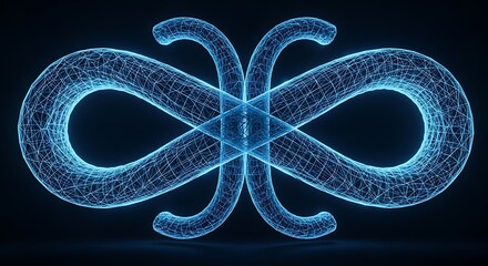 Illuminated blue 3D rendering of interconnected infinity symbols. A network of lines forms the ethereal, digital abstract art