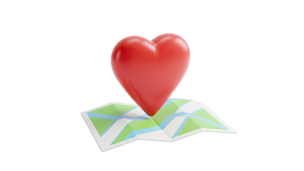 Red heart location marker on folded map