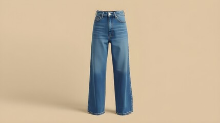 Straight leg blue denim jeans for women, clean modern fashion look, studio background, minimal aesthetic, high quality product photography.