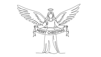 Obraz premium Angel Holding Merry Christmas Banner with Wings Outstretched Line Art