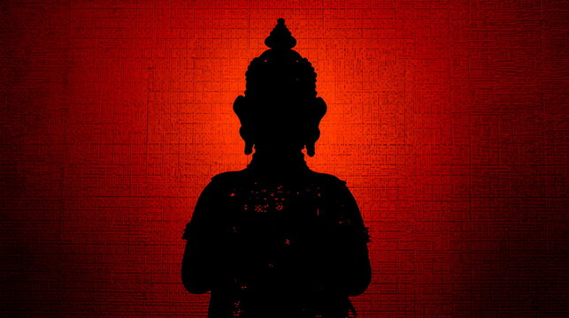 Silhouette of Hindu deity statue holding trident against orange background
