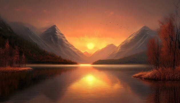 A breathtaking sunrise casts golden hues over the tranquil mountains.