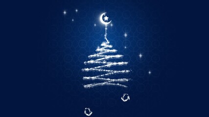 Sparkling ramadan kareem crescent moon tree on blue islamic pattern luxury background animation