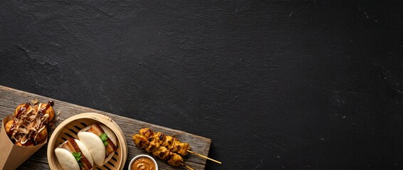 Mixed Street Food Advertising Banner Background with Dark Copy Space Design