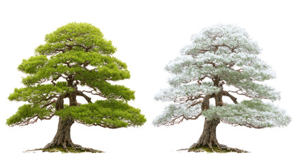 Two same bonsai trees side by side one representing summer one winter on transparent background